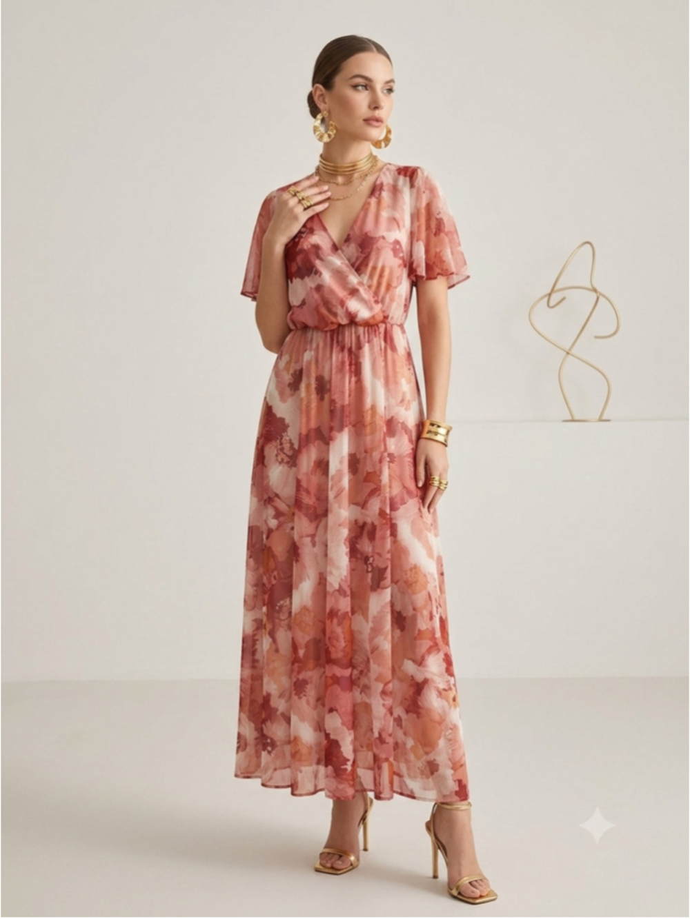 Kate and Lily Floral Maxi Dress Sz 4 Pink Peach Chiffon Flutter Sleeve Faux Wrap